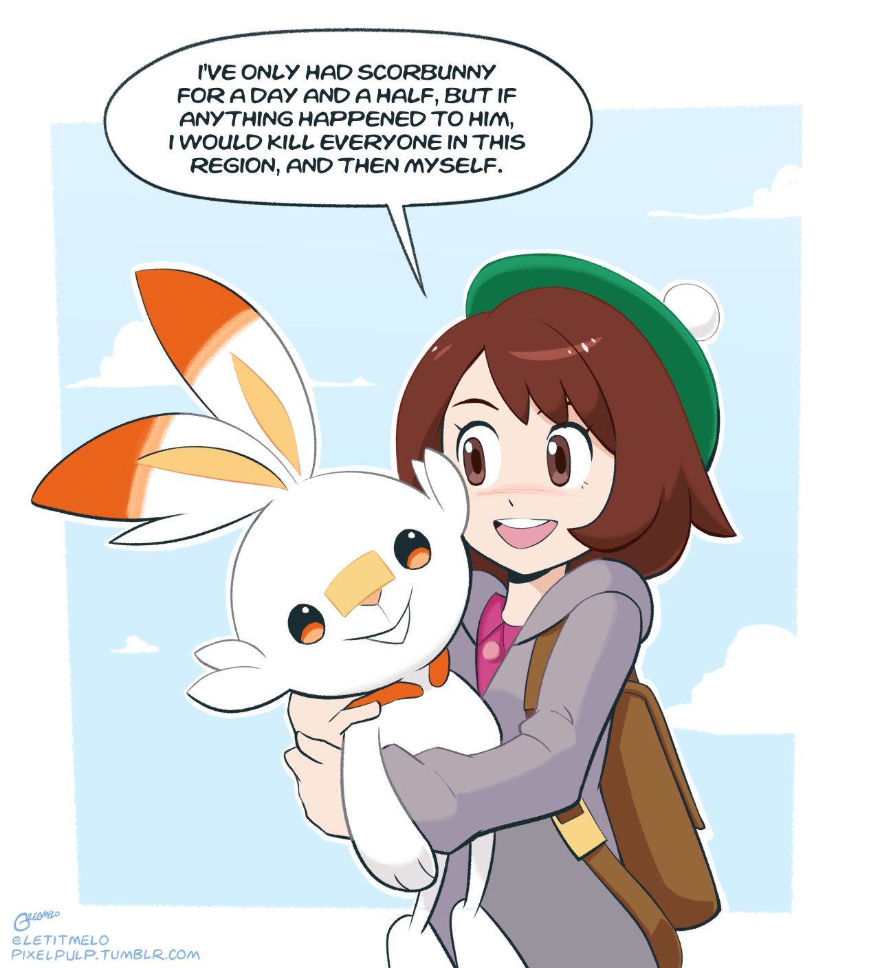 1girl animal_ears blush brooklyn_nine-nine brown_eyes brown_hair creatures_(company) english_text female_protagonist_(pokemon_swsh) game_freak gen_8_pokemon green_hat hat highres hug i've_only_had_arlo_for_a_day_and_a_half nintendo open_mouth pixelpulp pokemon pokemon_(creature) pokemon_(game) pokemon_swsh rabbit rabbit_ears scorbunny short_hair simple_background smile tam_o'_shanter tumblr_username white_background