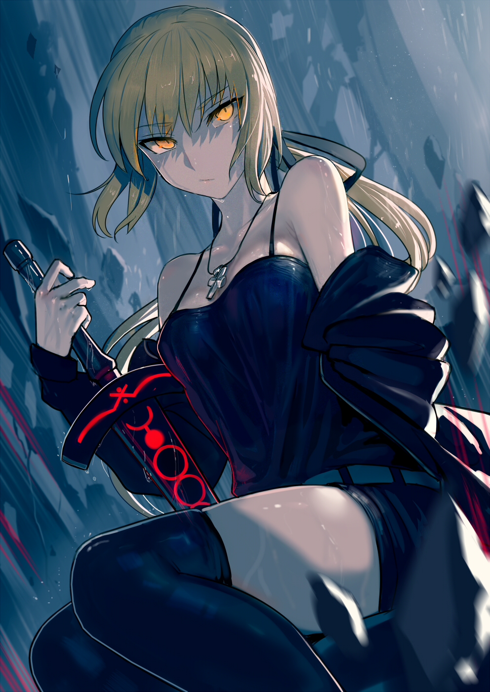 1girl ahoge artoria_pendragon_(all) bangs black_jacket blonde_hair breasts closed_mouth collarbone commentary_request dark_excalibur dark_persona fate/grand_order fate_(series) gothic_lolita hair_ribbon highres holding holding_sword holding_weapon jacket legs lolita_fashion looking_at_viewer medium_hair ponytail ribbon saber_alter shorts small_breasts solo sword thigh-highs thighs tied_hair walzrj weapon wet wet_clothes yellow_eyes