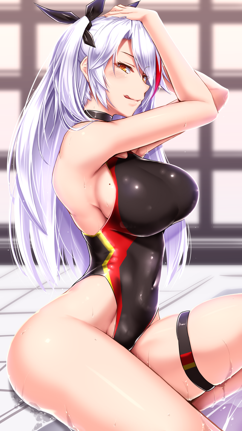 1girl antenna_hair azur_lane bangs black_ribbon blush breasts brown_eyes choker commentary_request competition_swimsuit covered_navel eyebrows_visible_through_hair hair_between_eyes half-closed_eyes hands_on_head highres indoors large_breasts licking_lips long_hair looking_at_viewer mole mole_on_breast multicolored_hair one-piece_swimsuit poolside prinz_eugen_(azur_lane) redhead ribbon shuugetsu_karasu silver_hair sitting skindentation smile solo streaked_hair swimsuit thigh_strap thighs tongue tongue_out two_side_up very_long_hair