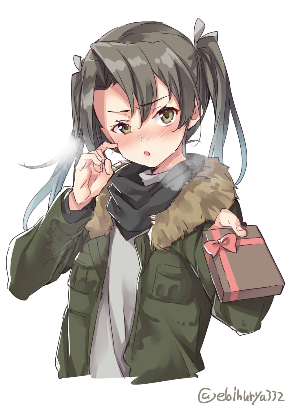 1girl alternate_costume black_scarf blush box casual cheek_poking contemporary cropped_torso ebifurya embarrassed eyebrows_visible_through_hair eyes_visible_through_hair fur-trimmed_jacket fur_trim gift gift_box green_eyes green_hair green_jacket hair_between_eyes heavy_breathing highres hood hooded_jacket incoming_gift jacket kantai_collection long_sleeves looking_at_viewer poking reaching_out scarf shirt turtleneck twintails upper_body white_background white_shirt zuikaku_(kantai_collection)