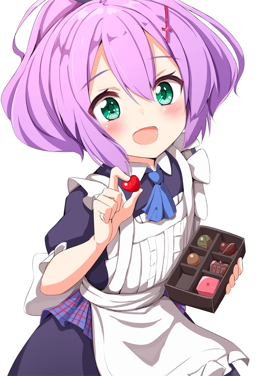 1girl :d ame. apron ascot azur_lane bangs blue_neckwear blush chocolate chocolate_heart collared_dress commentary_request dress dutch_angle eyebrows_visible_through_hair food green_eyes hair_between_eyes hair_ornament heart high_ponytail highres holding holding_food javelin_(azur_lane) looking_at_viewer maid_apron open_mouth pink_hair ponytail puffy_short_sleeves puffy_sleeves purple_dress short_sleeves sidelocks simple_background smile solo white_apron white_background