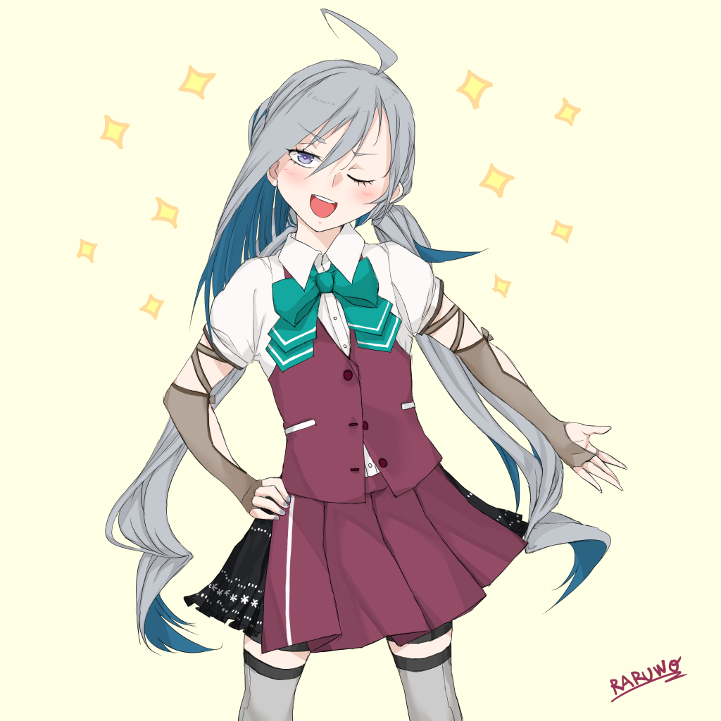 1girl adapted_costume ahoge alternate_costume commentary_request cowboy_shot elbow_gloves gloves grey_eyes grey_hair grey_legwear hair_between_eyes hair_bun hand_on_hip kantai_collection kiyoshimo_(kantai_collection) low_twintails one_eye_closed open_mouth original_remodel_(kantai_collection) raruwo school_uniform shirt short_sleeves simple_background smile solo sparkle thigh-highs twintails upper_teeth white_background white_shirt