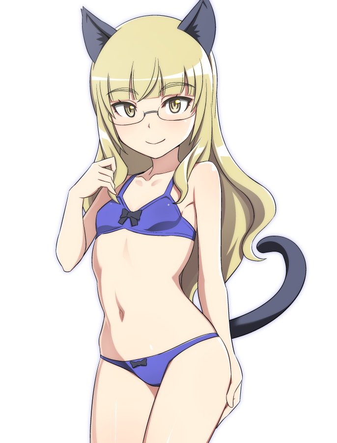 1girl animal_ears bikini blonde_hair blue_bikini blush bow_bikini breasts cat_ears cat_tail closed_mouth eyebrows eyebrows_visible_through_hair groin hand_on_thigh long_hair looking_at_viewer monochrome_background nanashino navel perrine_h_clostermann shiny shiny_hair shiny_skin simple_background small_breasts smile solo strike_witches swimsuit swimwear tail white_background world_witches_series yellow_eyes