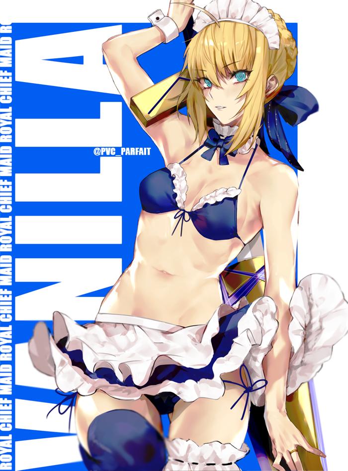 1girl adapted_costume ahoge apron artoria_pendragon_(all) artoria_pendragon_(swimsuit_rider_alter) artoria_pendragon_(swimsuit_rider_alter)_(cosplay) bikini blonde_hair blue_background blue_bow blue_eyes blue_legwear bow choker cosplay excalibur fate/grand_order fate_(series) frilled_bikini frills maid_bikini maid_headdress navel pvc_parfait saber simple_background single_thighhigh swimsuit thigh-highs twitter_username