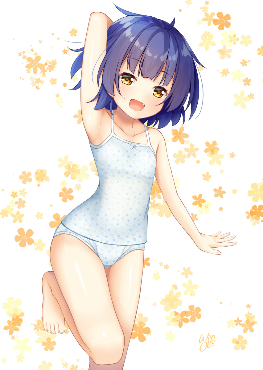 1girl :d ahoge arm_behind_head arm_up armpits bangs bare_shoulders barefoot blue_hair blue_swimsuit blunt_bangs casual_one-piece_swimsuit collarbone commentary_request cowboy_shot eyebrows_visible_through_hair fang flat_chest floral_background flower gochuumon_wa_usagi_desu_ka? highres jouga_maya leg_up looking_at_viewer one-piece_swimsuit open_mouth orange_eyes orange_flower polka_dot polka_dot_swimsuit short_hair smile solo standing standing_on_one_leg swimsuit white_background win_opz