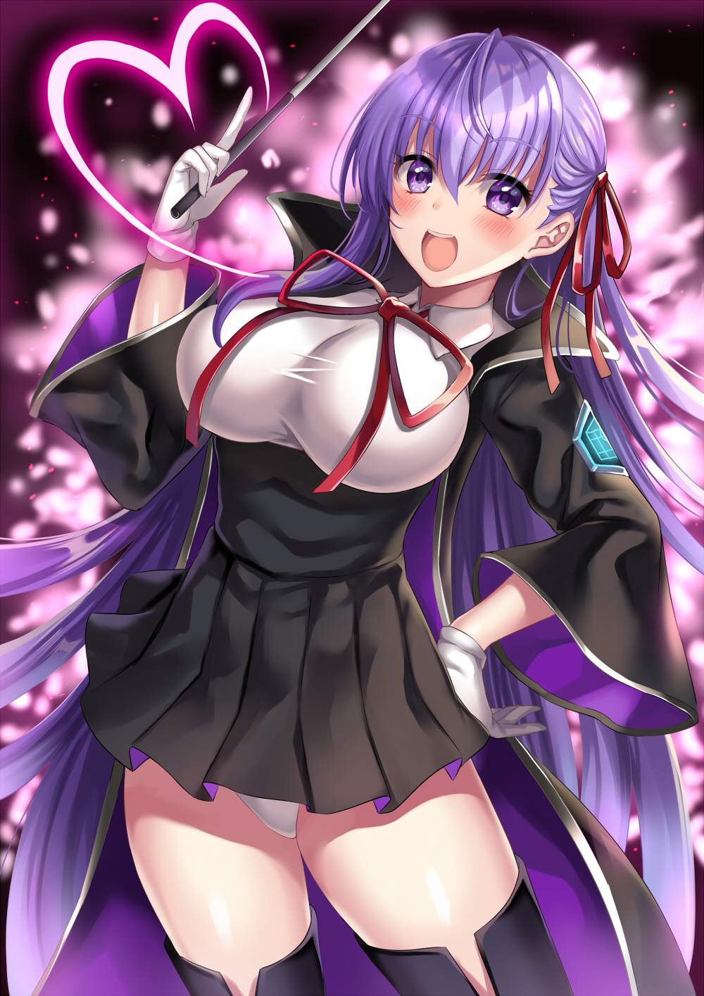 1girl bangs bb_(fate)_(all) bb_(fate/extra_ccc) black_coat black_legwear blush breasts coat fate/extra fate/extra_ccc fate_(series) gloves hair_between_eyes hair_ribbon hand_on_hip harimoji heart high-waist_skirt highres large_breasts leotard long_hair long_sleeves looking_at_viewer neck_ribbon open_clothes open_coat open_mouth popped_collar purple_hair red_ribbon ribbon skirt smile solo thighs very_long_hair violet_eyes wand white_gloves white_leotard wide_sleeves