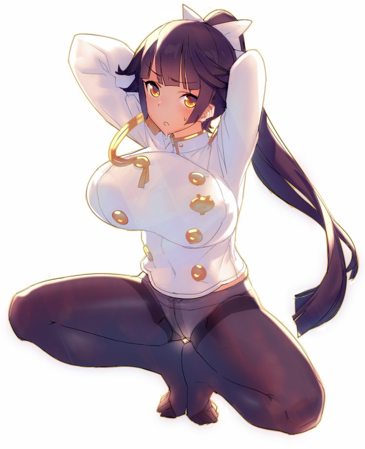 1girl aiguillette arms_behind_head arms_up azur_lane bangs black_hair black_legwear blush bow breasts buttons hair_bow hair_flaps jacket large_breasts long_hair long_sleeves looking_at_viewer mckeee military military_jacket military_uniform open_mouth panties panties_under_pantyhose pantyhose ponytail simple_background solo squatting takao_(azur_lane) thighband_pantyhose thighs underwear uniform white_background white_bow white_jacket