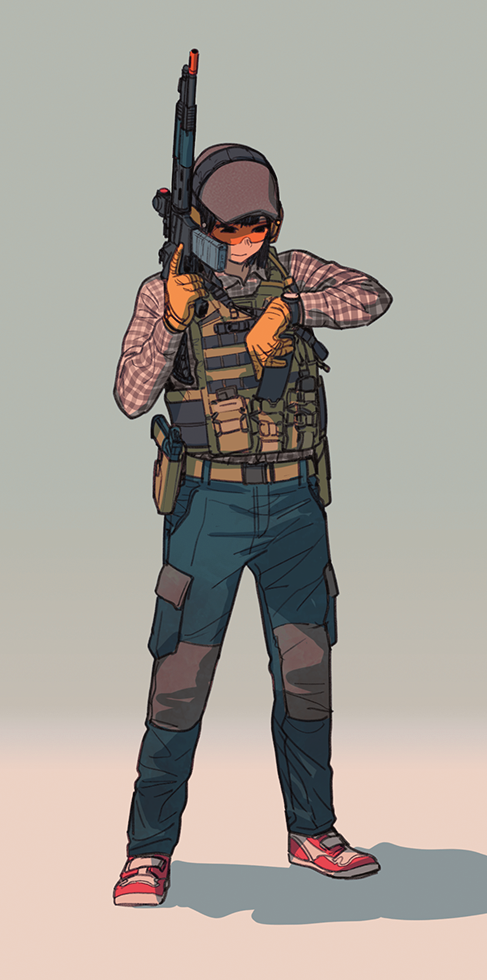 1girl airsoft collared_shirt full_body glasses gloves gun hat holding holding_gun holding_weapon long_sleeves looking_at_watch original pants plaid plaid_shirt red_footwear shadow shirt shoes solo standing thomas_hewitt watch watch weapon yellow_gloves