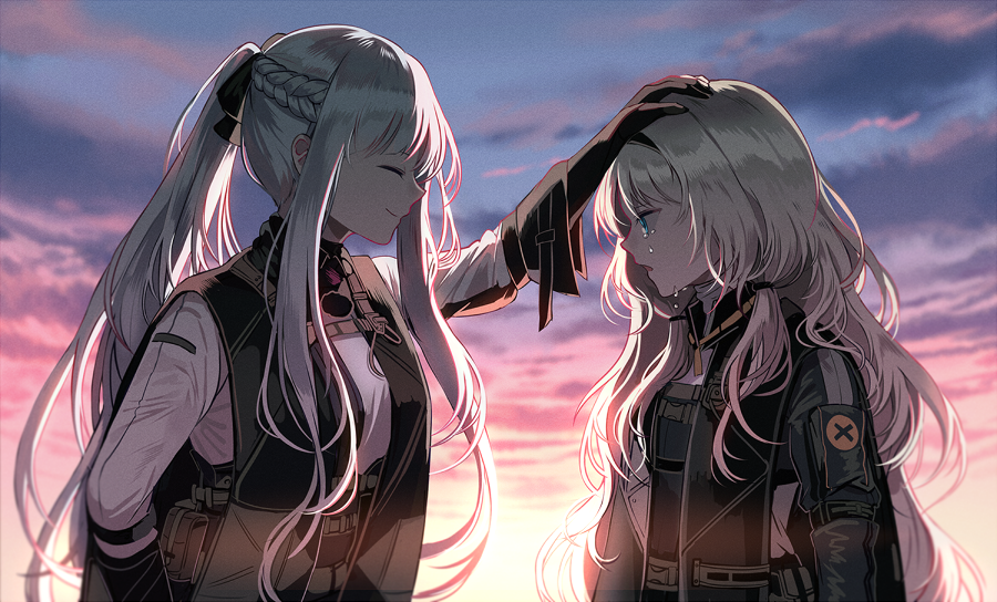 ak-12_(girls_frontline) an-94_(girls_frontline) bangs blue_eyes dawn girls_frontline gloves jacket open_mouth petting ponytail ribbon silence_girl smile tears white_hair