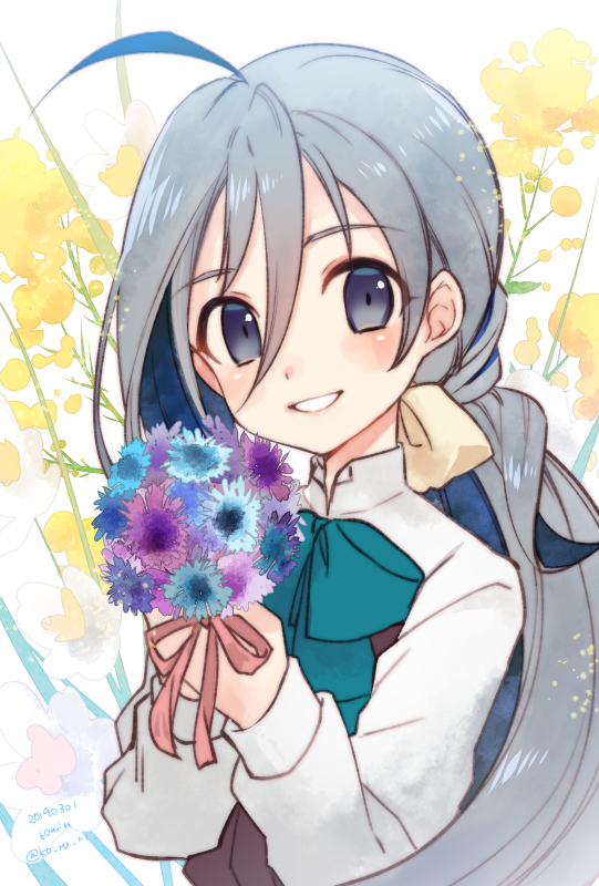 1girl ahoge bouquet commentary_request floral_background flower grey_eyes grey_hair hair_between_eyes hair_bun halterneck kantai_collection kiyoshimo_(kantai_collection) koruri long_hair looking_at_viewer low_twintails parted_lips school_uniform shirt smile solo twintails upper_body white_shirt