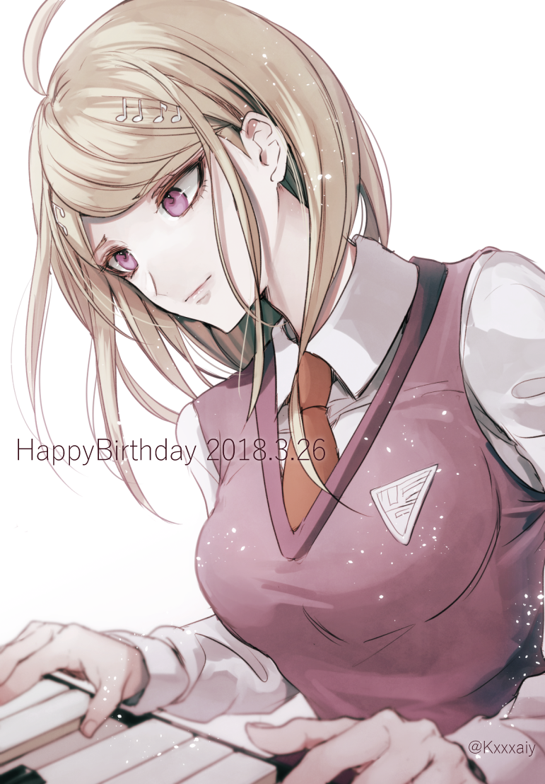 1girl ahoge akamatsu_kaede bangs blonde_hair breasts dangan_ronpa instrument long_hair long_sleeves medium_breasts music musical_note_hair_ornament new_dangan_ronpa_v3 orange_neckwear parted_bangs piano playing_instrument purple_vest sakuyu shirt simple_background smile solo sweater_vest twitter_username upper_body vest violet_eyes white_background white_shirt