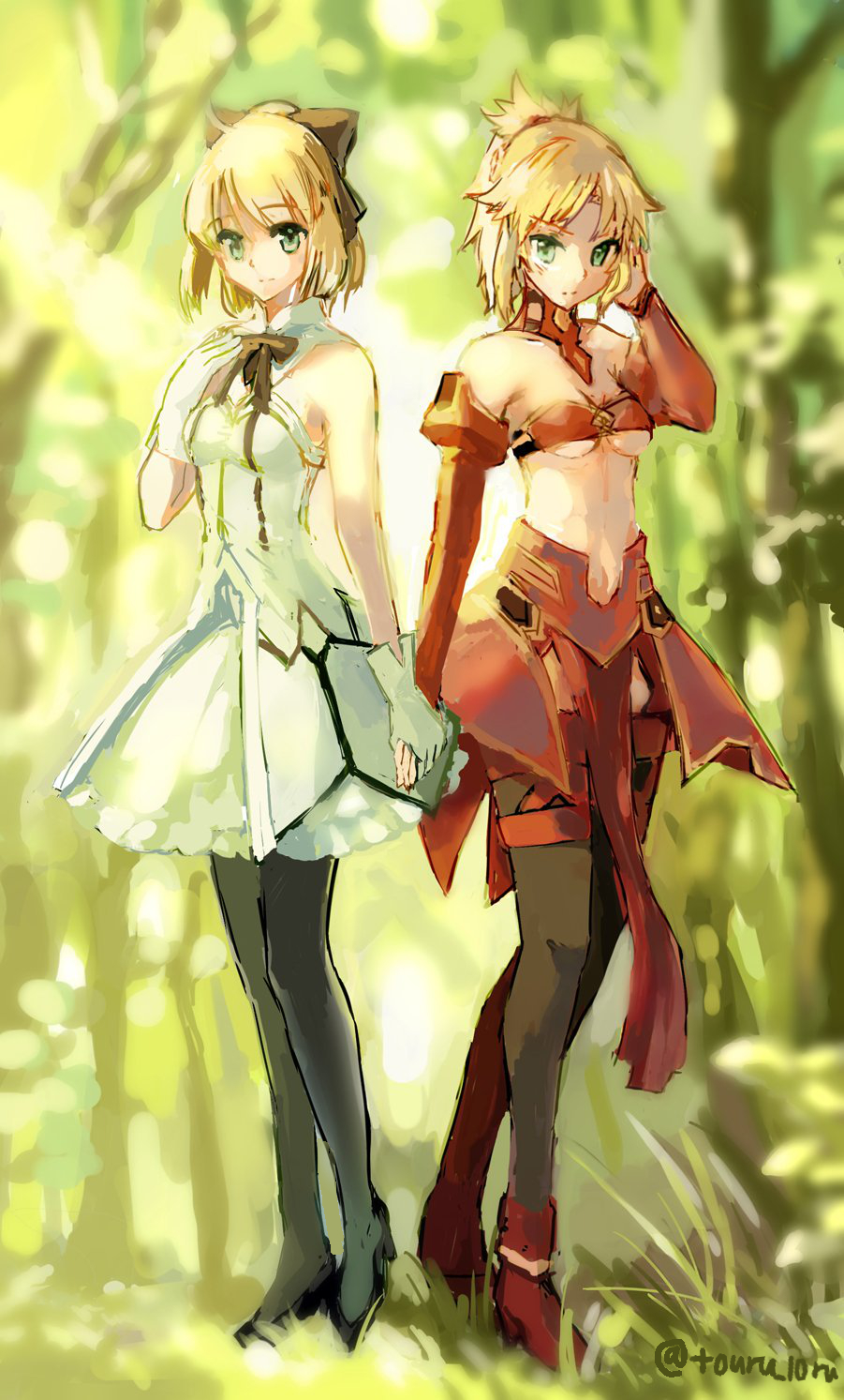 2girls artoria_pendragon_(all) black_bow black_footwear black_legwear black_ribbon blonde_hair bow bra breasts choker cleavage day dress fate_(series) forest full_body gloves green_eyes hair_bow hair_ornament hair_scrunchie hand_holding hand_in_hair high_ponytail highres looking_at_viewer mordred_(fate) mordred_(fate)_(all) multiple_girls nature neck_ribbon outdoors pumps red_bra red_footwear red_scrunchie ribbon saber_lily scrunchie short_dress sketch sleeveless sleeveless_dress small_breasts standing strapless strapless_dress striped striped_bra thigh-highs touru_10ru twitter_username under_boob underwear white_dress white_gloves