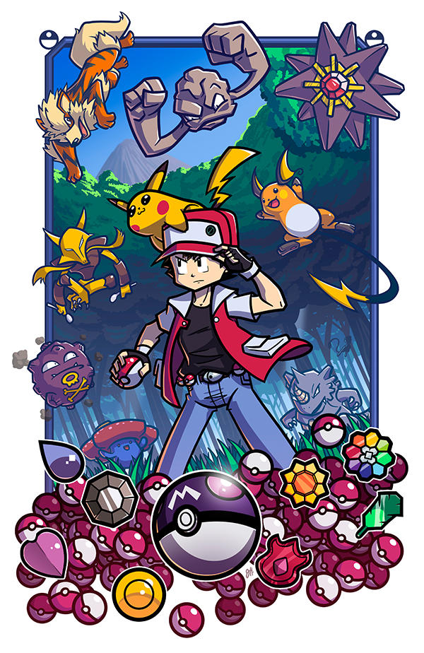 1boy alakazam arcanine badge ball baseball_cap blue_sky boulder_badge cascade_badge creature creatures_(company) day denim dutch_angle earth_badge fingerless_gloves floating game_freak gen_1_pokemon geodude gloves grass gym_leader_badge hat holding holding_ball holding_poke_ball holding_spoon jeans joehoganart koffing legs_apart male_focus marsh_badge master_ball mountain nintendo outdoors pants pikachu poke_ball poke_ball_(generic) pokemon pokemon_(creature) pokemon_(game) pokemon_on_head pokemon_rgby pokemon_trainer raichu rainbow_badge red_(pokemon) rhydon serious short_sleeves sky smoke soul_badge spoon standing starmie thunder_badge tree vileplume volcano_badge