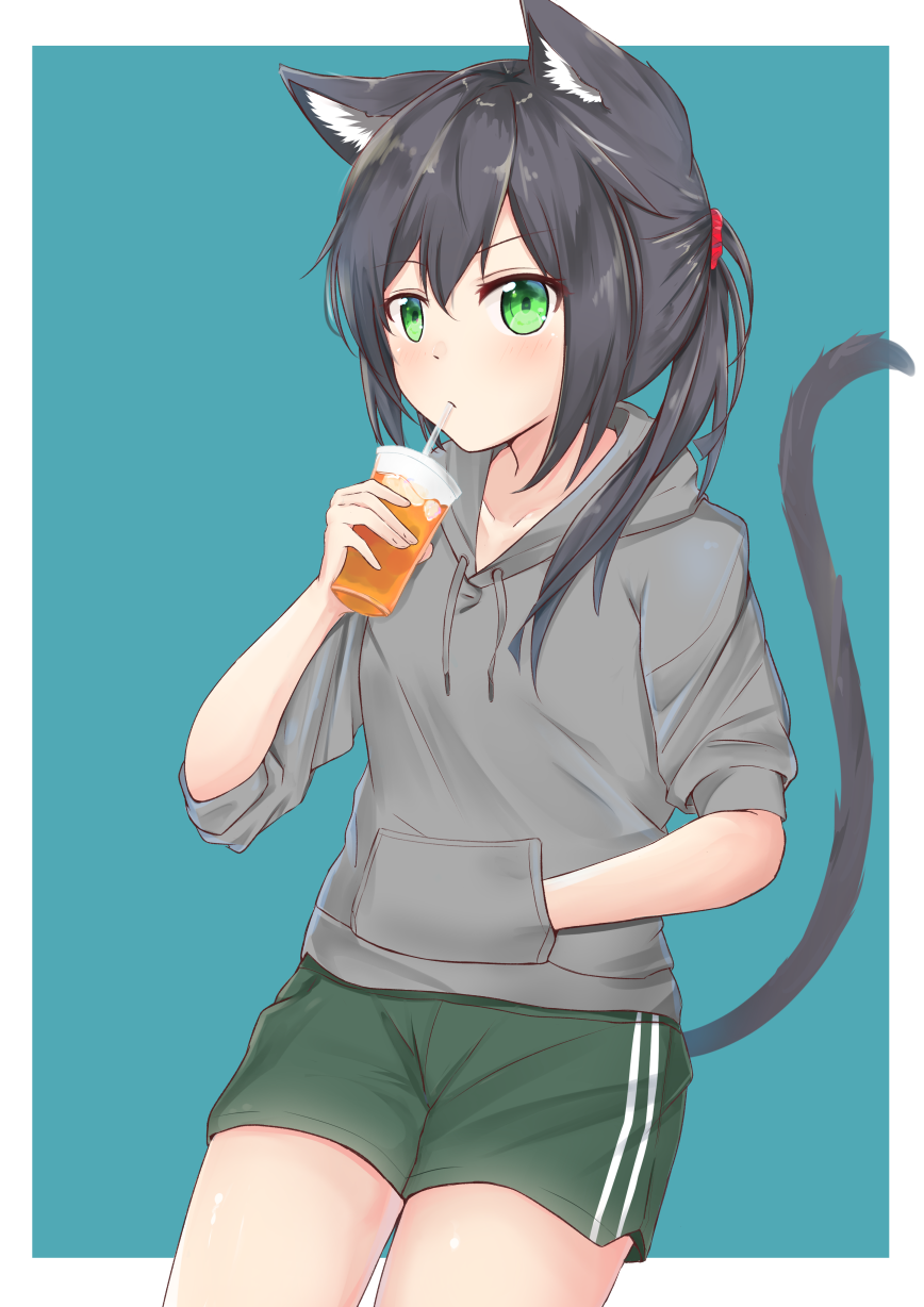 1girl animal_ears black_hair cat_ears cat_tail commentary drinking drinking_straw green_eyes hand_in_pocket highres holding hood hoodie original ponytail short_shorts short_sleeves shorts shuuzo3 simple_background tail