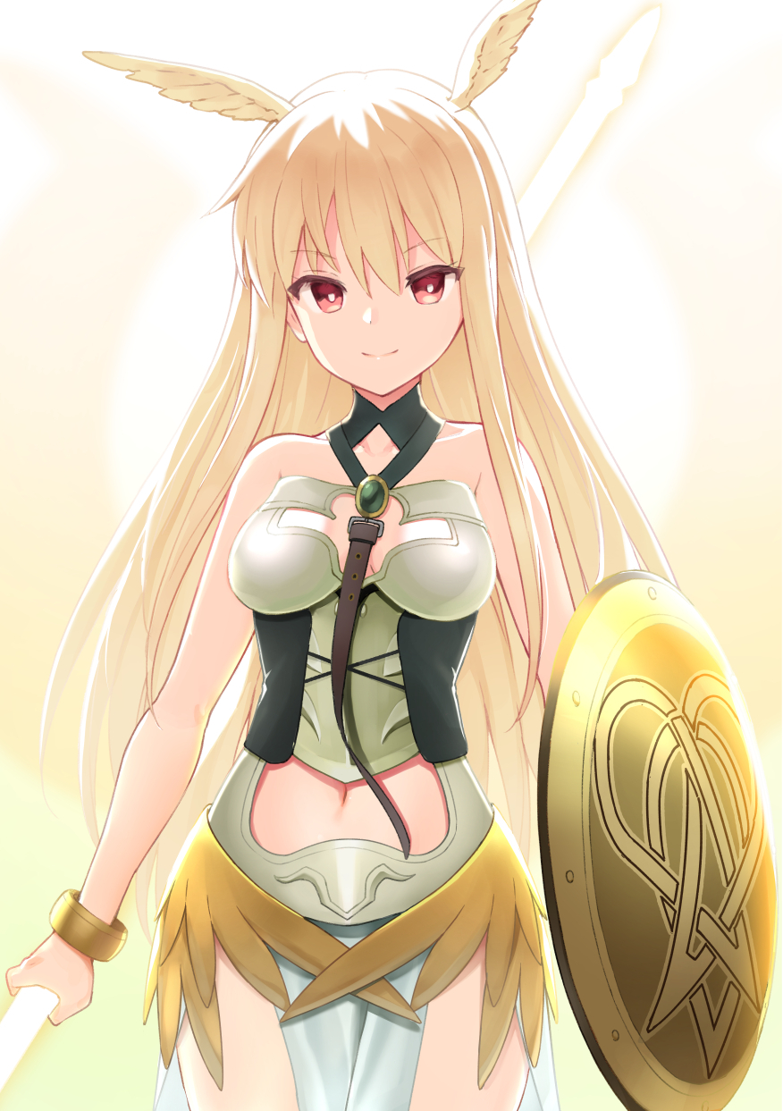 1girl bare_shoulders bell_(oppore_coppore) blonde_hair bracelet breasts bright_pupils fate/grand_order fate_(series) hair_between_eyes head_wings highres holding holding_shield holding_spear holding_weapon jewelry long_hair looking_at_viewer medium_breasts pelvic_curtain polearm red_eyes shield smile solo spear standing thrud_(fate/grand_order) valkyrie_(fate/grand_order) weapon