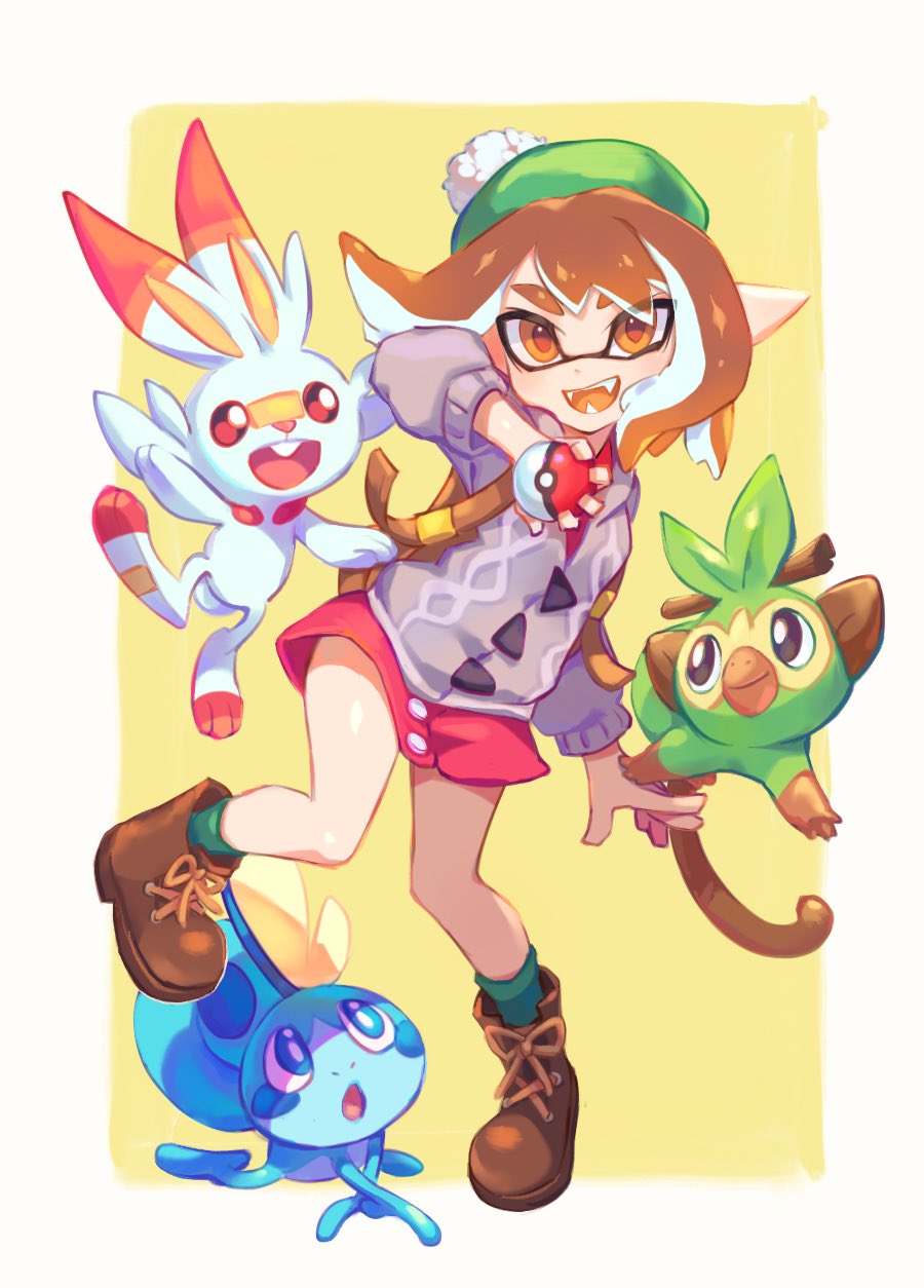 1girl animal_ears arm_up backpack bag boots brown_eyes brown_footwear brown_hair buttons creatures_(company) fangs female_protagonist_(pokemon_swsh) game_freak gen_8_pokemon green_hat green_legwear grey_jacket grookey hat highres holding holding_poke_ball inkling jacket jtveemo laces looking_at_viewer nintendo open_mouth pink_skirt poke_ball pokemon pokemon_(creature) pokemon_(game) pokemon_swsh rabbit_ears scorbunny short_hair skirt sobble splatoon_(series) standing standing_on_one_leg strap tam_o'_shanter two-tone_background