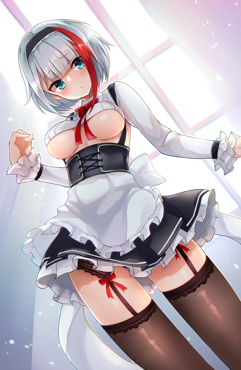 1girl admiral_graf_spee_(azur_lane) alternate_costume apron aqua_eyes azur_lane black_hairband black_skirt blush bow bowtie breasts breasts_apart brown_legwear closed_mouth commentary_request cowboy_shot crop_top dutch_angle enmaided frilled_apron frilled_skirt frilled_sleeves frills garter_belt hairband hand_up head_tilt highres long_sleeves looking_at_viewer maid maid_apron medium_breasts miniskirt multicolored_hair oshishio red_neckwear redhead shirt short_hair silver_hair skirt solo standing streaked_hair thigh-highs under_boob underbust white_apron white_shirt zettai_ryouiki