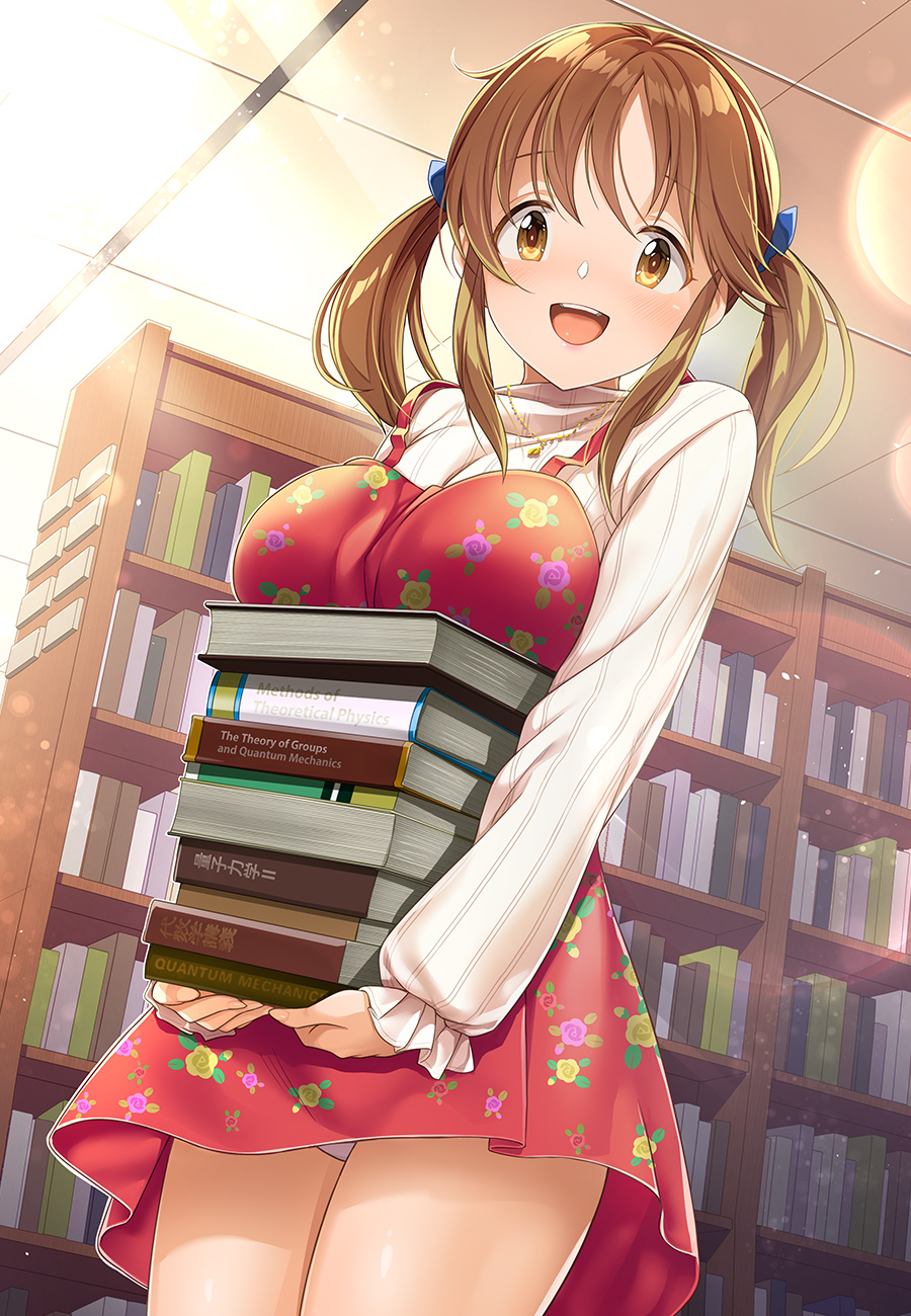 1girl :d bangs blush book_stack bookshelf breast_rest breasts brown_eyes brown_hair carrying commentary_request cowboy_shot dress english_text eyebrows_visible_through_hair frilled_sleeves frills highres idolmaster idolmaster_cinderella_girls kazu large_breasts library long_hair long_sleeves looking_at_viewer open_mouth panties pantyshot pantyshot_(standing) red_dress sidelocks smile solo standing sweater tareme totoki_airi twintails underwear upper_teeth upside-down white_panties white_sweater