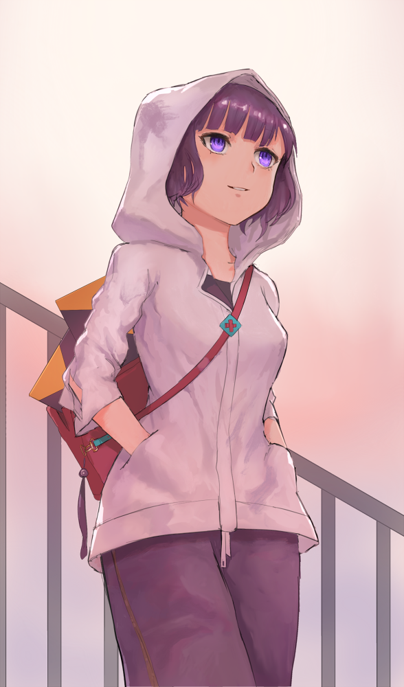 1girl backpack bag cowboy_shot fate/grand_order fate_(series) from_below grey_jacket hands_in_pocket hood hood_up hooded_jacket jacket katsushika_hokusai_(fate/grand_order) looking_afar looking_up parted_lips purple_hair purple_skirt quentin_lecuiller shiny shiny_hair short_hair skirt smile solo standing violet_eyes white_background