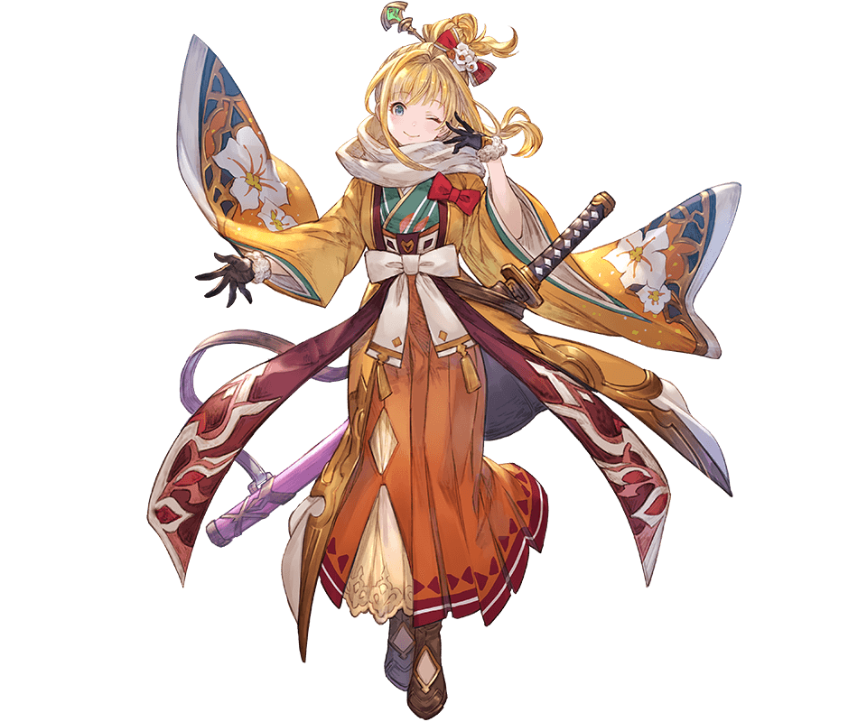 1girl aqua_eyes bangs blonde_hair breasts brown_gloves closed_mouth eyebrows_visible_through_hair floral_print full_body fur_trim gloves granblue_fantasy hair_ornament hair_stick hand_up japanese_clothes katana looking_at_viewer medium_breasts minaba_hideo mirin_(granblue_fantasy) official_art one_eye_closed sheath sheathed shiny shiny_hair smile solo standing sword tied_hair weapon wide_sleeves