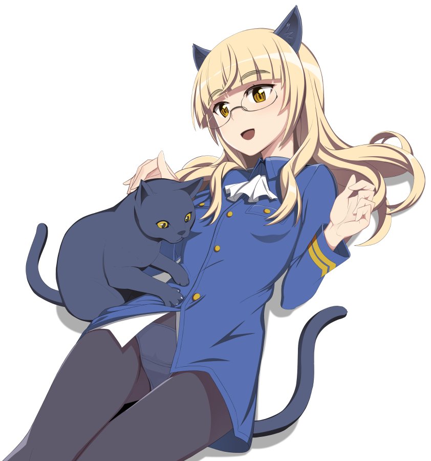 1girl animal animal_ears black_legwear blonde_hair blush breasts cat cat_ears cat_tail glasses military military_uniform monochrome_background nanashino open_mouth panties panties_under_pantyhose pantyhose perrine_h_clostermann petting shiny shiny_clothes shiny_hair simple_background small_breasts smile strike_witches tail underwear uniform white_background white_panties world_witches_series yellow_eyes