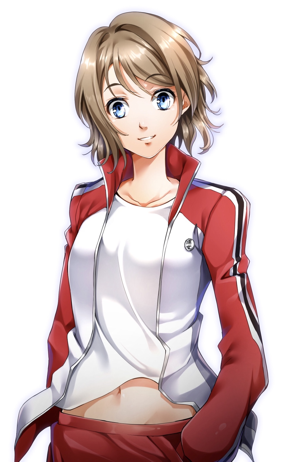 1girl blue_eyes brown_hair collarbone eyebrows_visible_through_hair hair_between_eyes highres imo_(evekelu-111) jacket long_sleeves looking_at_viewer love_live! love_live!_sunshine!! midriff navel open_clothes open_jacket pants parted_lips red_pants red_sleeves shiny shiny_hair shirt short_hair simple_background smile solo standing stomach track_jacket upper_body watanabe_you white_background white_jacket white_shirt