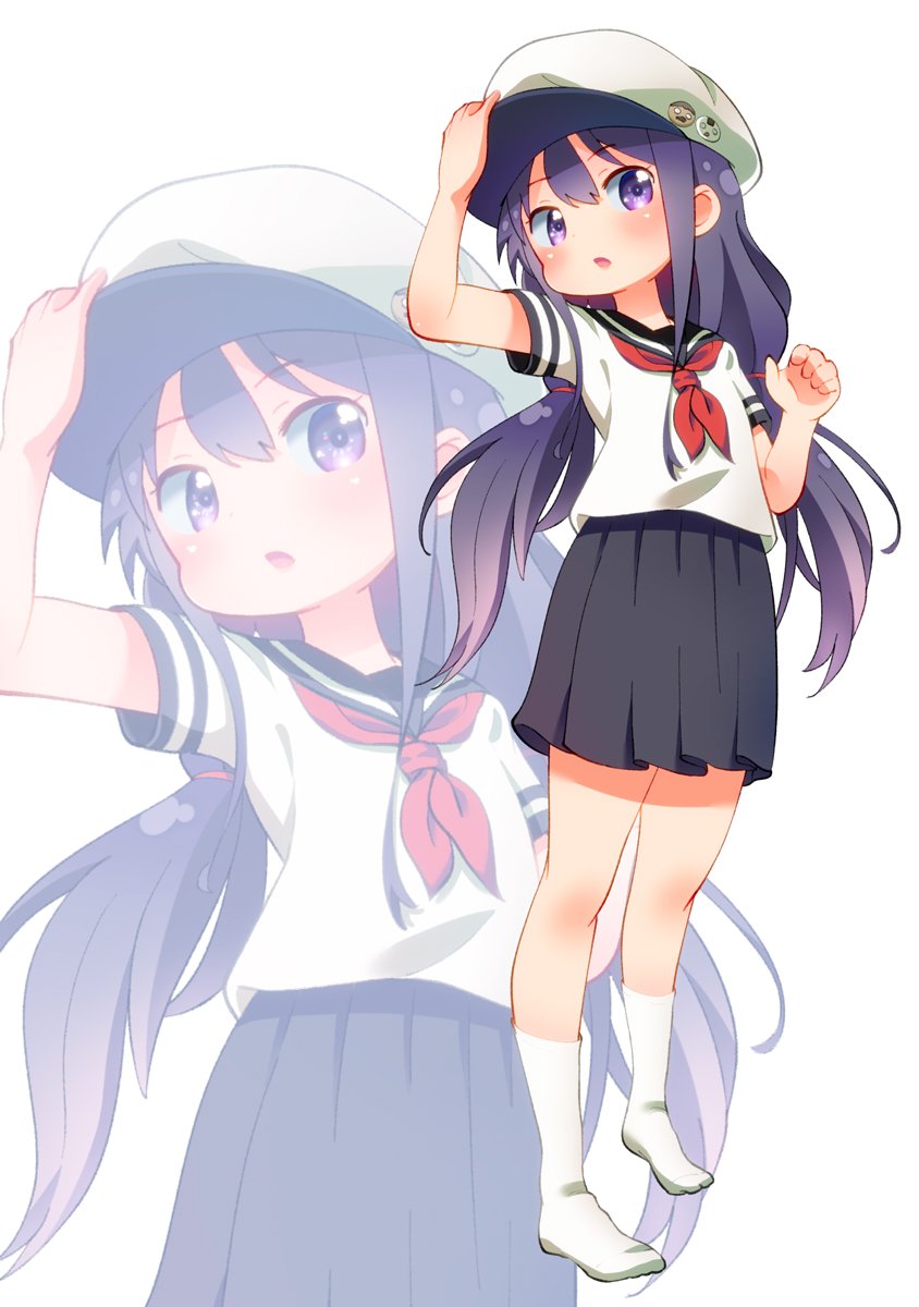 1girl arm_up bangs black_sailor_collar black_skirt blush cabbie_hat commentary_request eyebrows_visible_through_hair hair_between_eyes hand_on_headwear hat highres kbisuco long_hair neckerchief no_shoes open_mouth pleated_skirt purple_hair red_neckwear sailor_collar school_uniform serafuku shirosaki_hana shirt short_sleeves simple_background skirt socks solo standing very_long_hair violet_eyes watashi_ni_tenshi_ga_maiorita! white_background white_hat white_legwear white_shirt zoom_layer