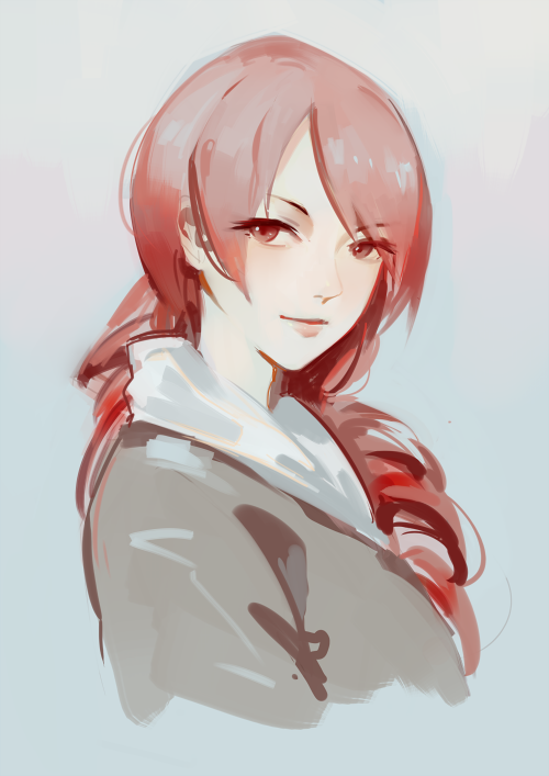 1girl 3four closed_mouth commentary kirijou_mitsuru long_hair looking_at_viewer persona persona_3 red_eyes redhead simple_background sketch smile solo