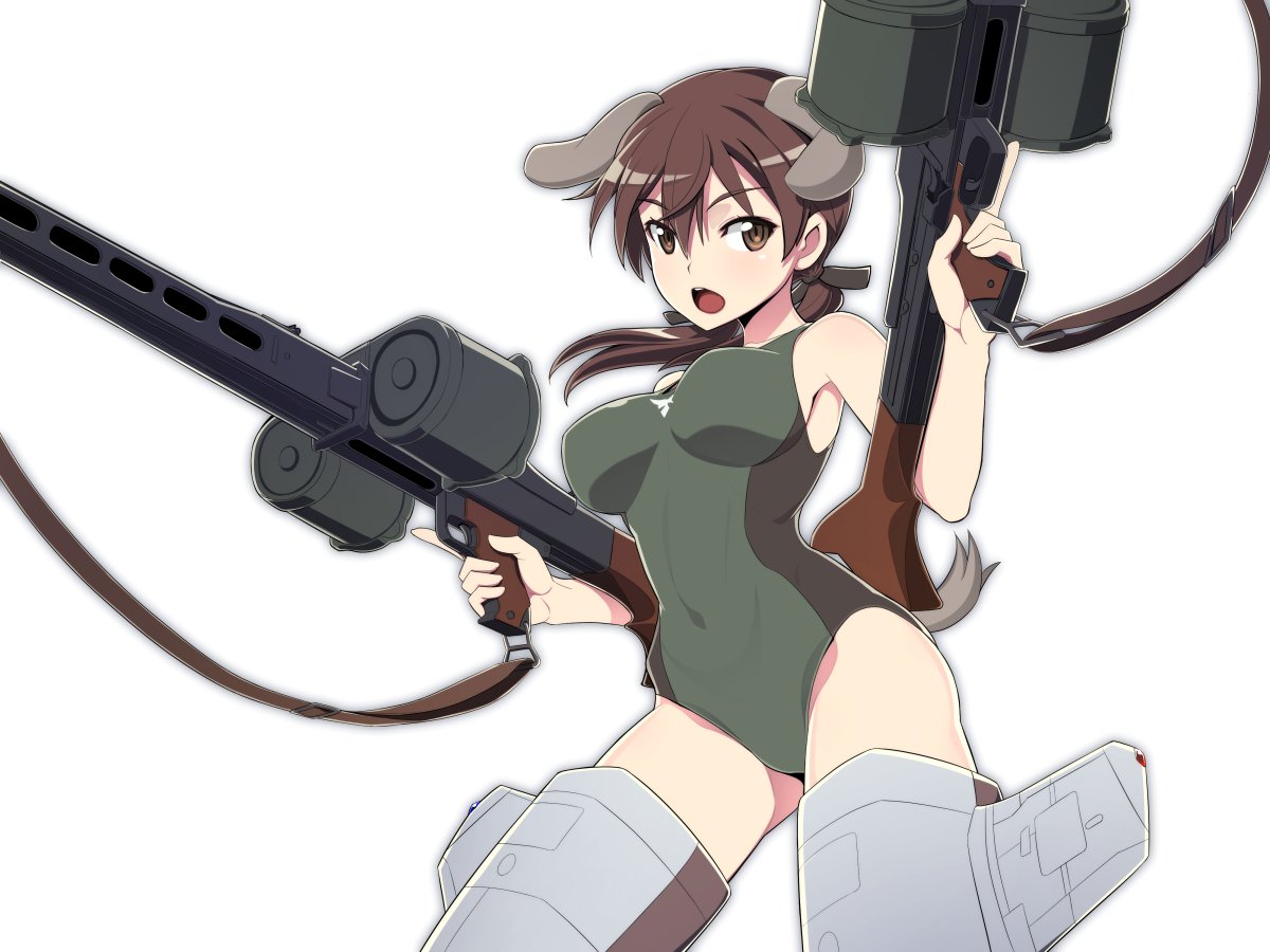 1girl animal_ears blush breasts brown_eyes brown_hair covered_navel dog_ears dog_tail eyebrows_visible_through_hair gertrud_barkhorn groin gun hair_ornament hair_ribbon large_breasts looking_at_viewer monochrome_background nanashino open_mouth ribbon rifle shiny shiny_hair simple_background solo strike_witches striker_unit swimsuit swimwear tail twintails weapon white_background world_witches_series