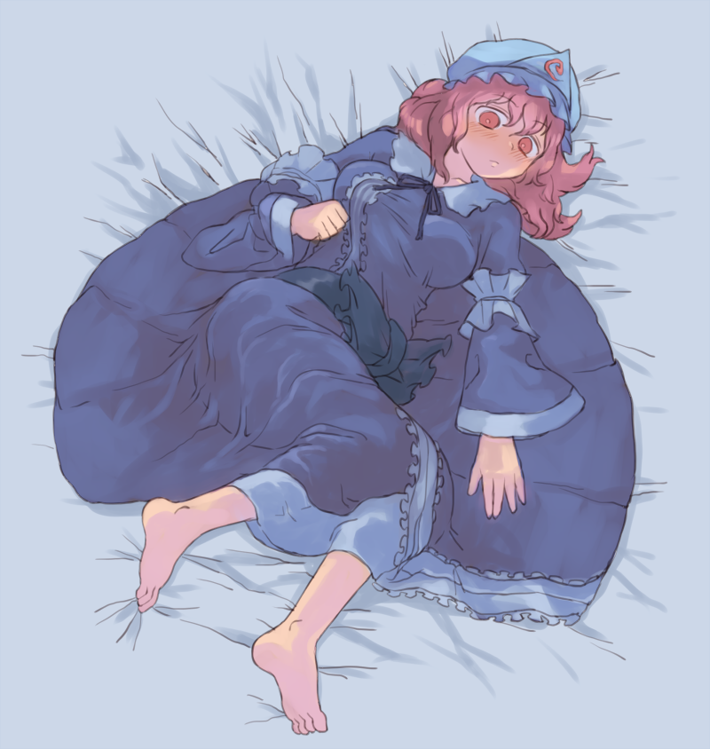 1girl bangs barefoot bed_sheet blue_dress blue_hat blush breasts bright_pupils clenched_hand closed_mouth dress eyebrows_visible_through_hair frown full_body hair_between_eyes hat long_sleeves lying medium_breasts mob_cap okbnkn on_back pink_eyes pink_hair pink_pupils purple_ribbon ribbon saigyouji_yuyuko sash short_hair solo touhou triangular_headpiece wide_sleeves