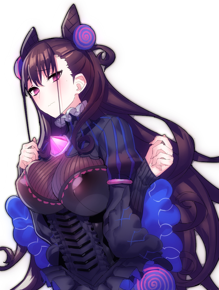 1girl bangs black_dress blush breasts brown_hair closed_mouth double_bun dress fate/grand_order fate_(series) frills hair_between_eyes hair_ornament large_breasts long_hair long_sleeves looking_at_viewer mckeee murasaki_shikibu_(fate) puffy_sleeves simple_background solo very_long_hair violet_eyes wavy_mouth white_background
