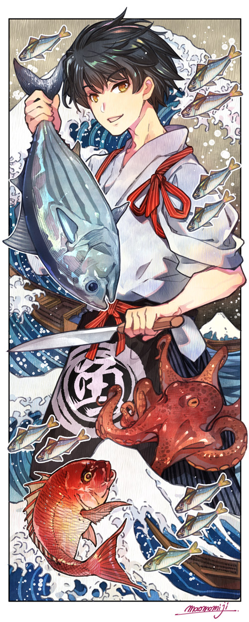 1boy apron artist_name black_hair bluefin_tuna boat brown_eyes fish fish_request food highres holding holding_fish holding_knife japanese_clothes knife looking_at_viewer male_focus momiji_mao mount_fuji octopus open_mouth original red_snapper solo standing tasuki watercraft waving