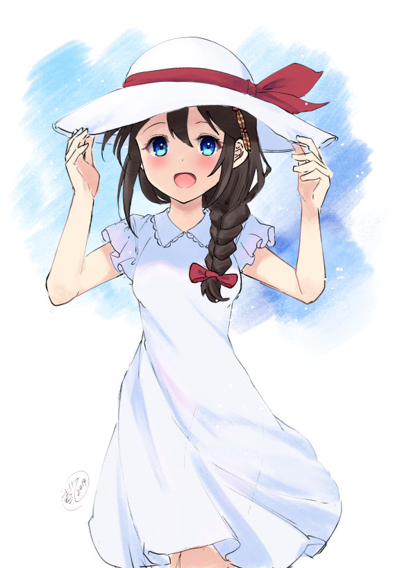 1girl ahoge alternate_costume black_hair blue_eyes braid commentary_request dress hair_flaps hair_over_shoulder hat holding holding_hat ittokyu kantai_collection looking_at_viewer open_mouth remodel_(kantai_collection) shigure_(kantai_collection) single_braid smile solo sun_hat white_background white_dress white_hat