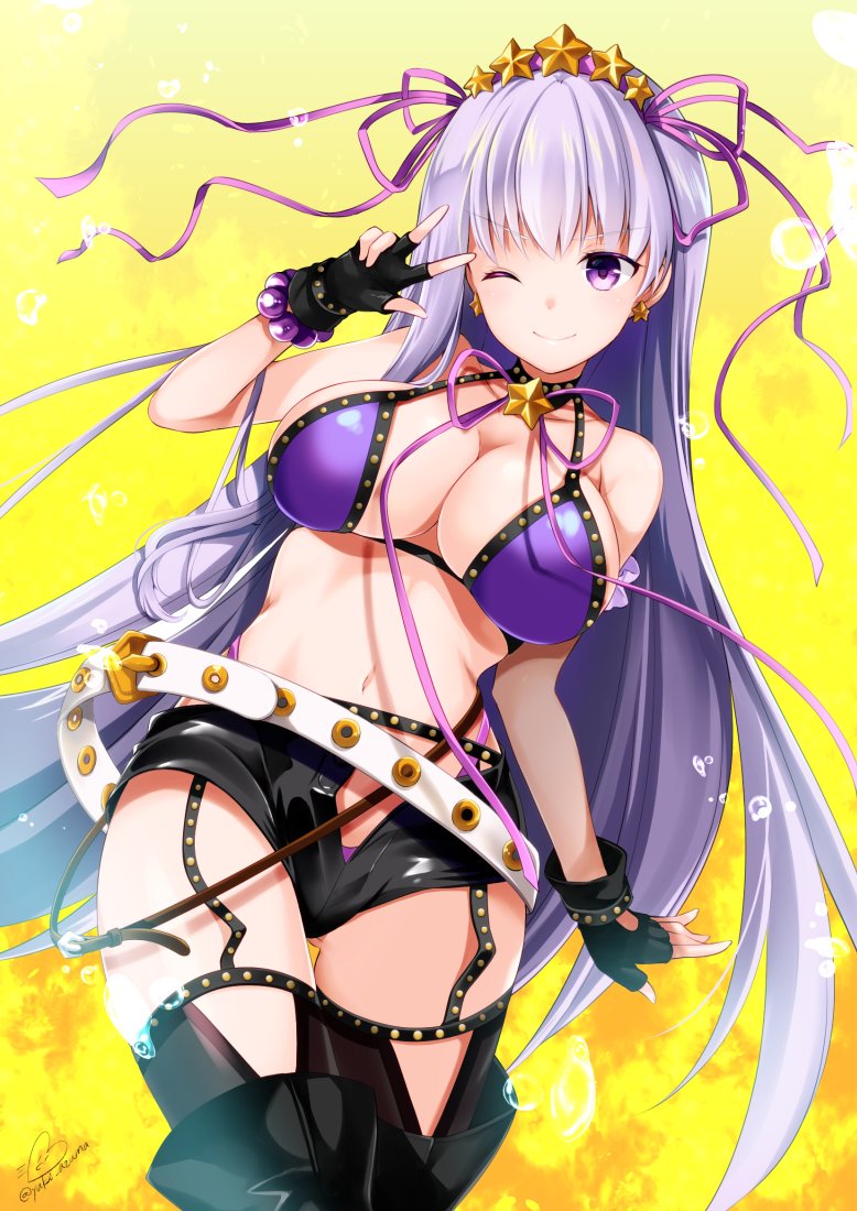 1girl ;) azuma_yuki bangs bare_shoulders bb_(fate)_(all) bb_(swimsuit_mooncancer)_(fate) belt belt_buckle bikini black_gloves black_legwear black_shorts blush breasts buckle cleavage closed_mouth collarbone day earrings eyebrows_visible_through_hair fate/grand_order fate_(series) fingerless_gloves gloves gluteal_fold hair_between_eyes jewelry large_breasts long_hair navel one_eye_closed open_clothes open_fly open_shorts purple_bikini purple_hair short_shorts shorts signature smile solo star star_earrings swimsuit thigh-highs twitter_username v-shaped_eyebrows v_over_eye very_long_hair violet_eyes white_belt