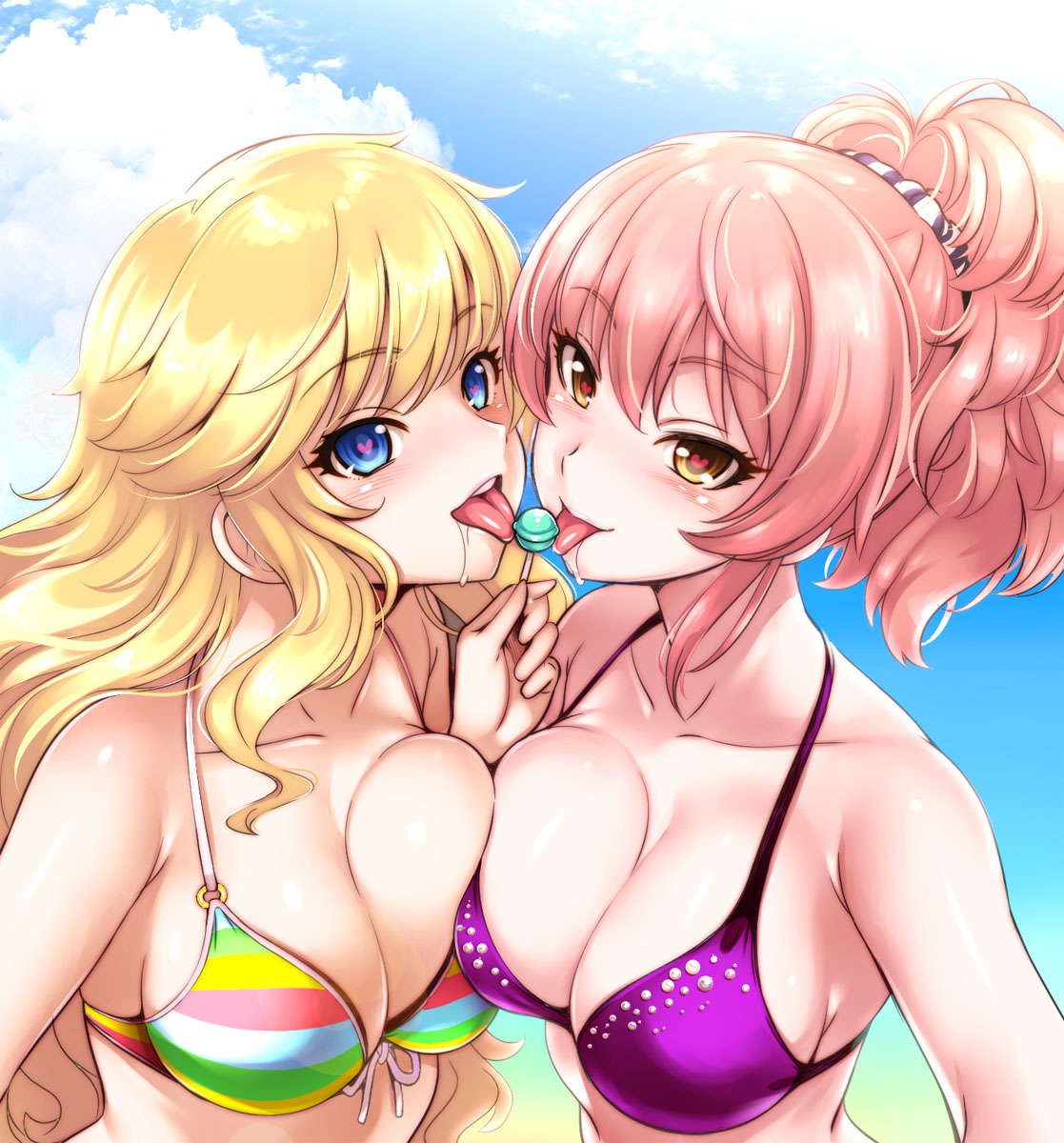 2girls bangs bare_shoulders bikini blonde_hair blue_eyes blush breasts candy cleavage collarbone eyelashes food hair_between_eyes heart heart-shaped_pupils highres idolmaster idolmaster_cinderella_girls jougasaki_mika large_breasts lollipop long_hair looking_at_viewer ootsuki_yui pink_hair ponytail smile striped striped_bikini swept_bangs swimsuit symbol-shaped_pupils wavy_hair yasui_riosuke yellow_eyes