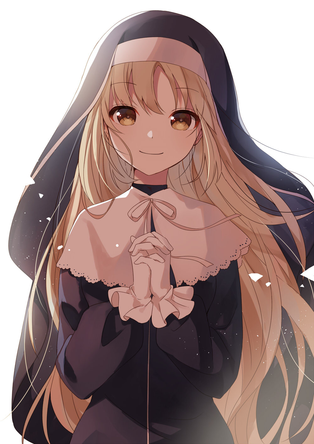 1girl bangs black_dress blonde_hair brown_eyes closed_mouth dress eyebrows_visible_through_hair habit hands_clasped highres long_hair long_sleeves looking_at_viewer nijisanji nun own_hands_together ribbon simple_background sister_cleaire smile solo very_long_hair virtual_youtuber white_background white_ribbon yon_(letter)