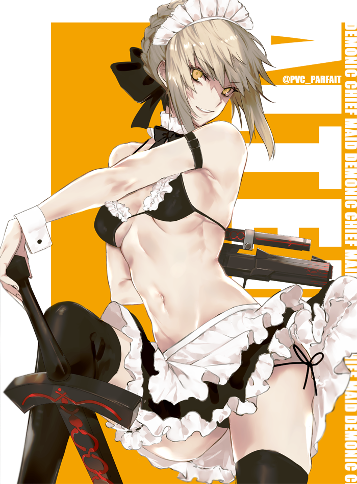 1girl apron armpits artist_name artoria_pendragon_(all) artoria_pendragon_(swimsuit_rider_alter) bare_arms bikini black_bikini black_legwear blonde_hair braid breasts character_name dark_excalibur fate/grand_order fate_(series) fingernails french_braid frilled_apron frilled_bikini_top frills holding holding_sword holding_weapon leg_garter legs looking_at_viewer maid_bikini maid_headdress medium_breasts medium_hair midriff navel pvc_parfait revealing_clothes solo swimsuit sword thigh-highs thighs tied_hair waist_apron weapon white_apron yellow_eyes