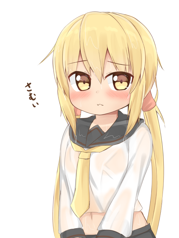 1girl :3 adapted_costume black_sailor_collar blonde_hair commentary_request kantai_collection long_hair long_sleeves navel ne neckerchief remodel_(kantai_collection) sailor_collar satsuki_(kantai_collection) school_uniform serafuku simple_background solo twintails wet wet_clothes white_background yellow_eyes yellow_neckwear