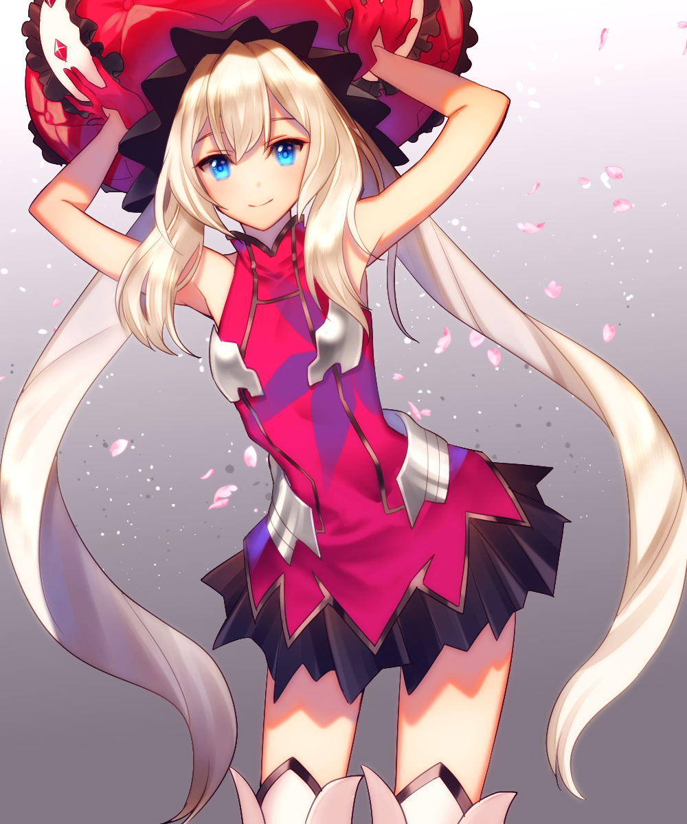 1girl arms_up blue_eyes boots dress fate/grand_order fate_(series) floating_hair gloves grey_background hair_between_eyes hat highres long_hair looking_at_viewer marie_antoinette_(fate/grand_order) red_dress red_gloves red_hat shiny shiny_hair short_dress silver_hair simple_background sleeveless sleeveless_dress smile solo thigh-highs thigh_boots twintails very_long_hair white_footwear wokome