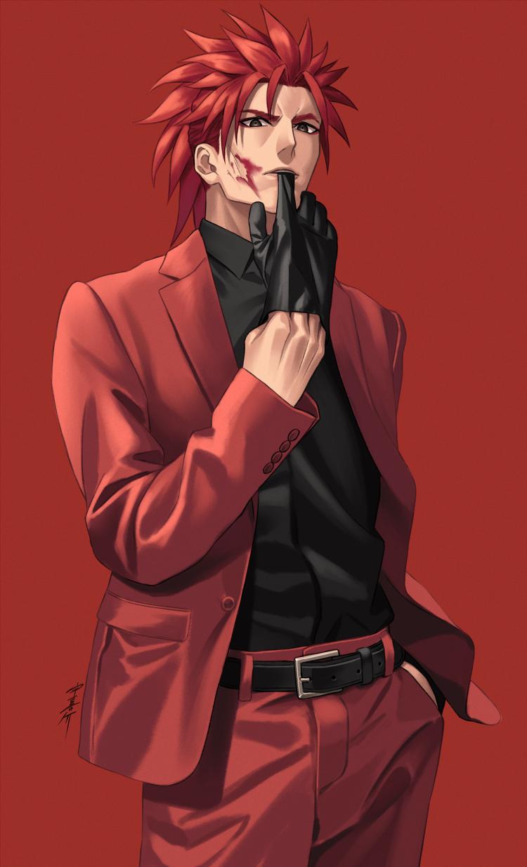 1boy belt biting black_gloves blood blood_on_face fate/grand_order fate_(series) formal gloves highres jacket li_shuwen_(fate/grand_order) looking_at_viewer male_focus ponytail redhead shirt_tucked_in simple_background solo sora_yoshitake_yuda suit teeth