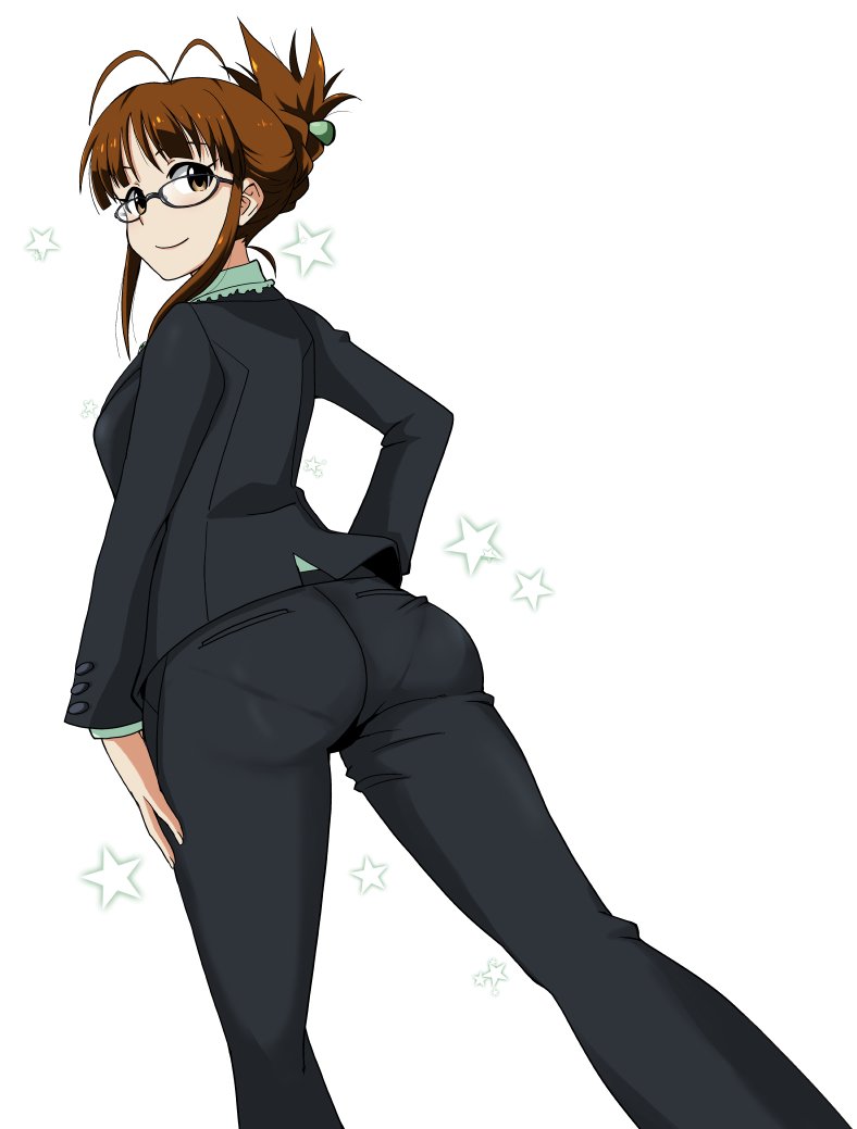 1girl akizuki_ritsuko antenna_hair ass bangs brown_hair business_suit dutch_angle formal glasses idolmaster idolmaster_(classic) looking_back minpei_ichigo pantylines short_ponytail smile solo star suit