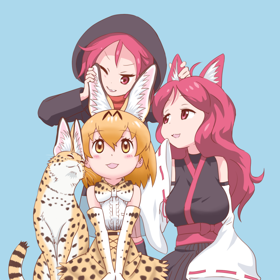 3girls ahoge animal_ear_fluff animal_ears bangs black_hoodie blonde_hair blush bow bowtie breasts brown_eyes cat_ears closed_eyes commentary_request detached_sleeves director_connection elbow_gloves extra_ears eyebrows_visible_through_hair gloves hood hood_up hoodie japanese_clothes kemono_friends kemurikusa long_hair multiple_girls open_mouth print_gloves print_neckwear print_skirt red_eyes redhead ribbon-trimmed_sleeves ribbon_trim riku_(kemurikusa) ritsu_(kemurikusa) serval serval_(kemono_friends) serval_ears serval_print shirt short_hair skirt sleeveless sleeveless_shirt sleeves_past_fingers sleeves_past_wrists smile underskirt waist_bow wide_sleeves zashikiwasabi