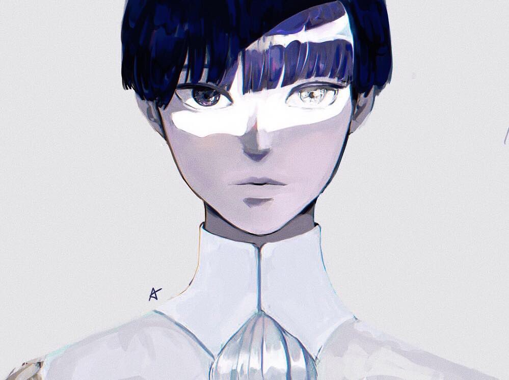 1other androgynous bangs blue_eyes blue_hair blunt_bangs colored_eyelashes crystal_hair grey_background heterochromia houseki_no_kuni looking_at_viewer necktie phosphophyllite phosphophyllite_(ll) short_hair solo spoilers upper_body white_eyes