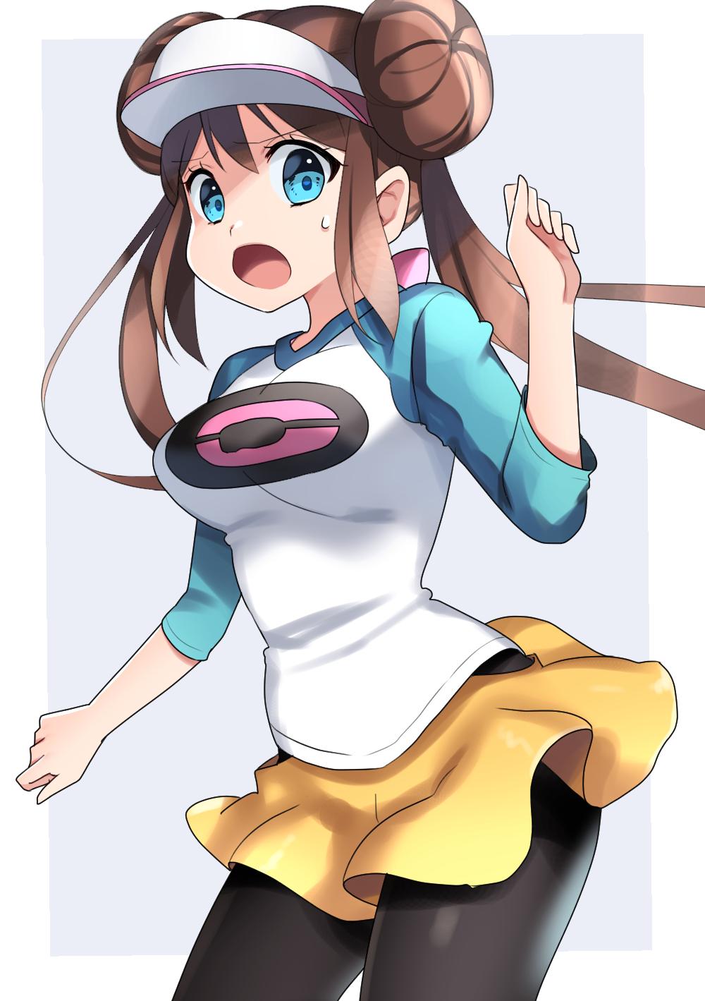 1girl black_legwear blue_eyes blue_sleeves brown_hair cowboy_shot creatures_(company) double_bun eyebrows_visible_through_hair floating_hair game_freak grey_background highres long_hair long_sleeves looking_at_viewer mei_(pokemon) miniskirt nintendo open_mouth pantyhose pokemon pokemon_(game) pokemon_bw2 print_shirt shirt skirt solo standing sweatdrop two-tone_background very_long_hair visor_cap white_background white_shirt yellow_skirt yuihiko