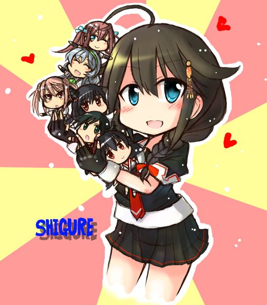 6+girls ahoge asagumo_(kantai_collection) black_gloves black_hair black_serafuku black_skirt blue_eyes braid commentary_request cowboy_shot fingerless_gloves fusou_(kantai_collection) gloves hair_flaps hair_over_shoulder kamashi kantai_collection looking_at_viewer macedonian_flag michishio_(kantai_collection) minigirl mogami_(kantai_collection) multiple_girls neckerchief open_mouth pleated_skirt red_neckwear remodel_(kantai_collection) school_uniform serafuku shigure_(kantai_collection) single_braid skirt smile solo_focus sunburst yamagumo_(kantai_collection) yamashiro_(kantai_collection)