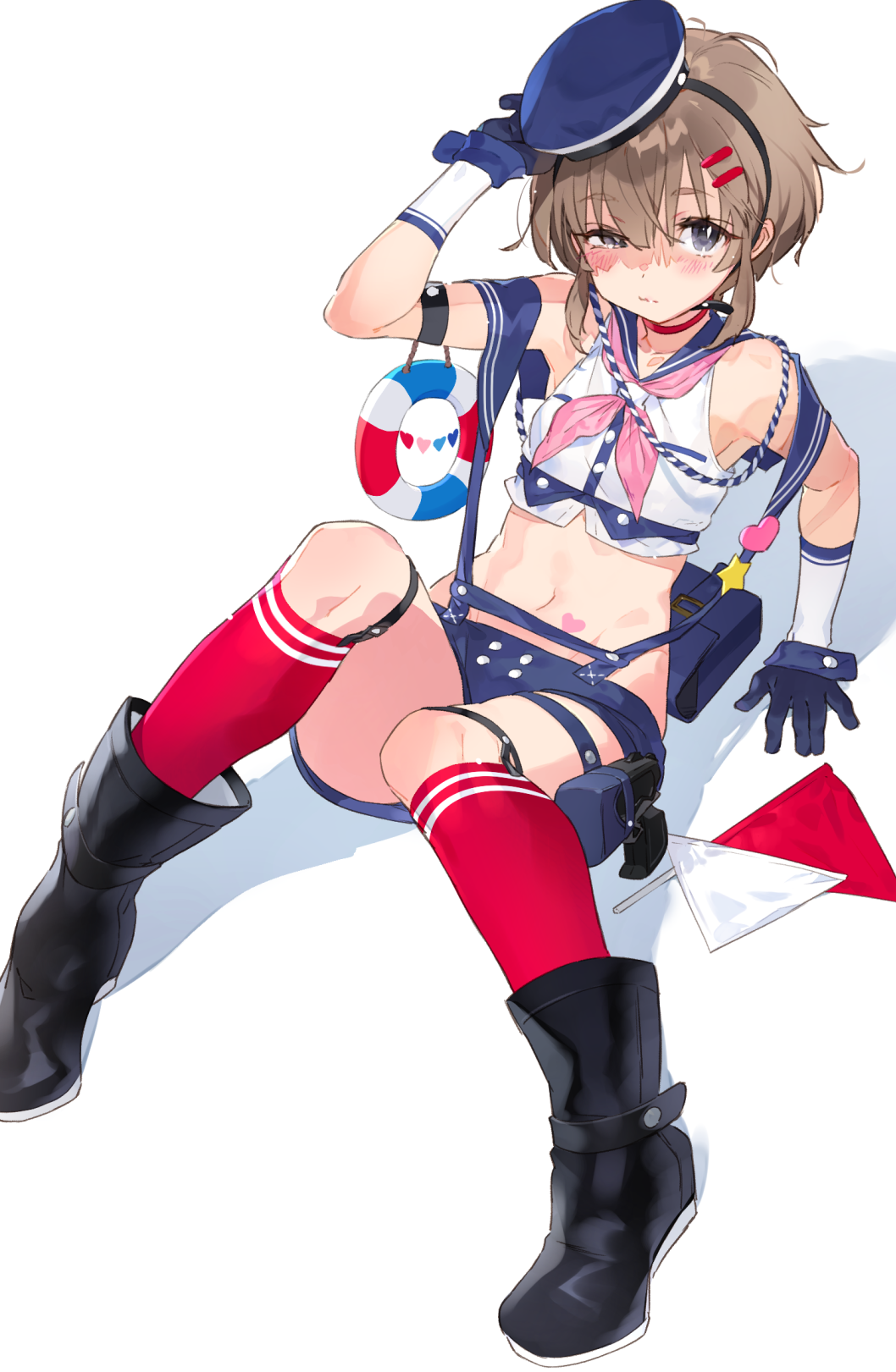 1girl arm_strap arm_support armpits bag bare_shoulders black_eyes black_footwear blue_gloves blue_hat blue_sailor_collar blue_shorts blush boots brown_hair buttons choker closed_mouth collarbone crop_top flag flat_chest gloves gun hair_ornament hairclip hand_up handgun hat highres holster holstered_weapon innertube kneehighs knees_up leg_belt looking_at_viewer midriff navel neckerchief original pink_neckwear reclining red_choker red_legwear sailor_collar sailor_hat sailor_shirt shadow shirt short_hair short_shorts shorts sidelocks sleeveless sleeveless_shirt solo stomach suspenders tilted_headwear tonito uneven_eyes weapon white_background white_shirt