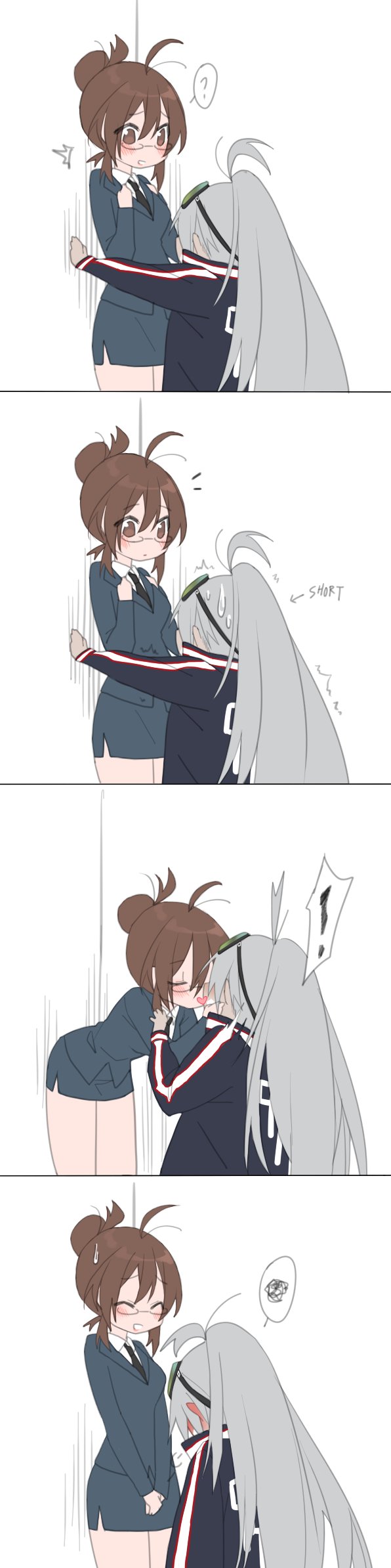 2girls aek-999_(girls_frontline) against_wall blush brown_hair comic deathalice eye_contact female_commander_(girls_frontline) formal girls_frontline goggles goggles_on_head grey_hair hair_between_eyes highres jacket kiss long_hair long_image looking_at_another multiple_girls size_difference skirt_suit smile suit tall_image wall_slam yuri