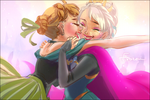 2girls anna_(frozen) bare_arms bare_shoulders brown_hair cape choker clothes_lift commentary commentary_request copyright_name crown crying disney dress elsa_(frozen) english_commentary eyeshadow frozen_(disney) gori_matsu green_ribbon happy_tears hug incoming_hug lipstick long_sleeves makeup mixed-language_commentary multiple_girls open_mouth red_lips ribbon ribbon_hair siblings sisters sleeveless sleeveless_dress tears tied_hair white_hair