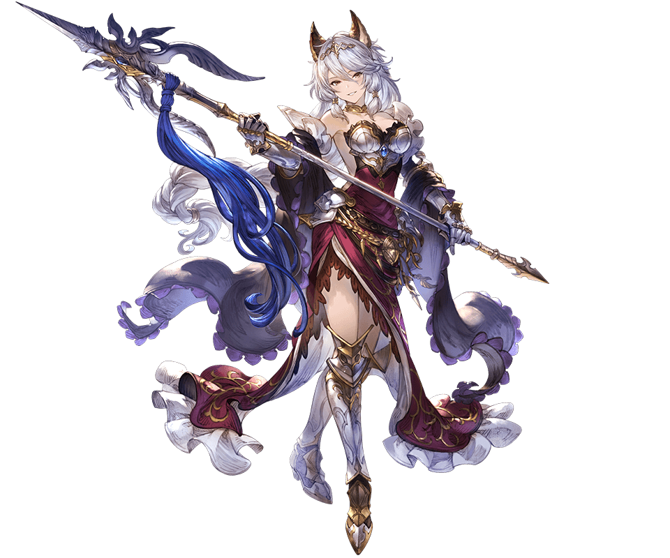 1girl animal_ears armor armored_boots armored_dress bangs boots breasts brown_eyes dress erune gauntlets granblue_fantasy heles holding holding_weapon jewelry long_hair medium_breasts minaba_hideo official_art polearm silver_hair solo spear tiara transparent_background weapon