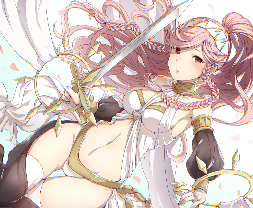 1girl bare_shoulders braid breasts cleavage collar dancer fire_emblem fire_emblem:_kakusei groin hairband haru_(nakajou-28) holding holding_sword holding_weapon jewelry long_braid long_hair looking_at_viewer medium_breasts midriff navel nintendo olivia_(fire_emblem) open_mouth pink_eyes pink_hair ponytail simple_background solo sword twin_braids weapon white_legwear